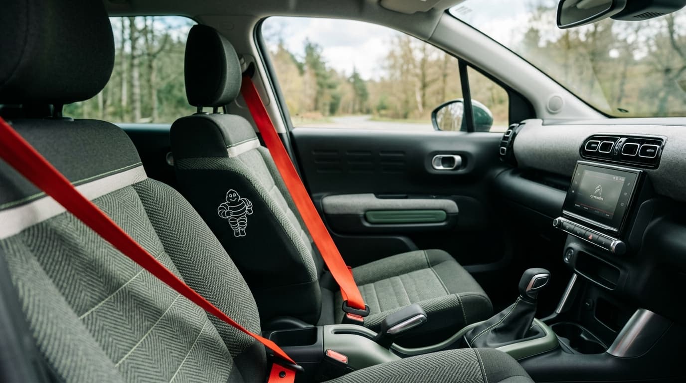 Innenraum eines Citroën C3 Aircross mit den neuen Advanced Comfort Sitzen in Grau-Grün und roten Sicherheitsgurten