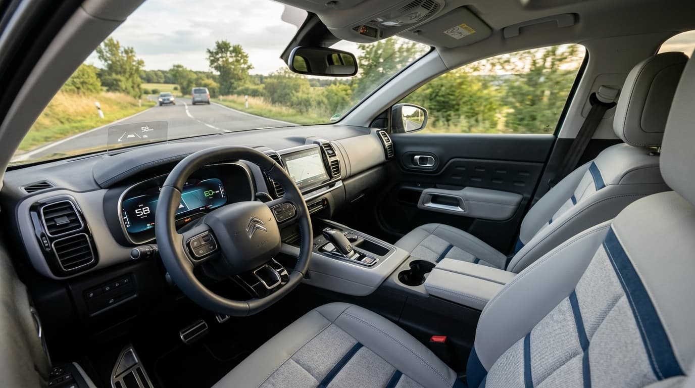 Interieur des Citroën C5 Aircross Émeraude mit hellgrauen Sitzen, blauen Designelementen und Head-up-Display