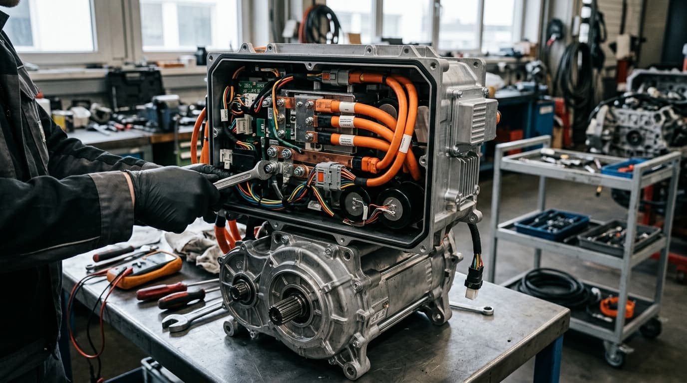 Detailaufnahme eines Elektromotors in einer Werkstatt, Antriebskomponenten eines Elektrofahrzeugs