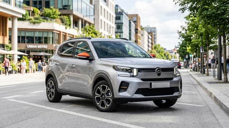 Der Citroën ë-C3 Urban Range steht auf einer stadtnahen Straße, Frontalansicht mit den charakteristischen runden Scheinwerfern des Modells