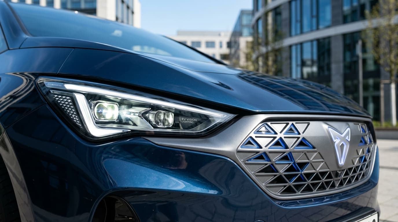 Nahaufnahme der LED-Scheinwerfer eines modernen Elektroautos mit charakteristischem runden Designelement