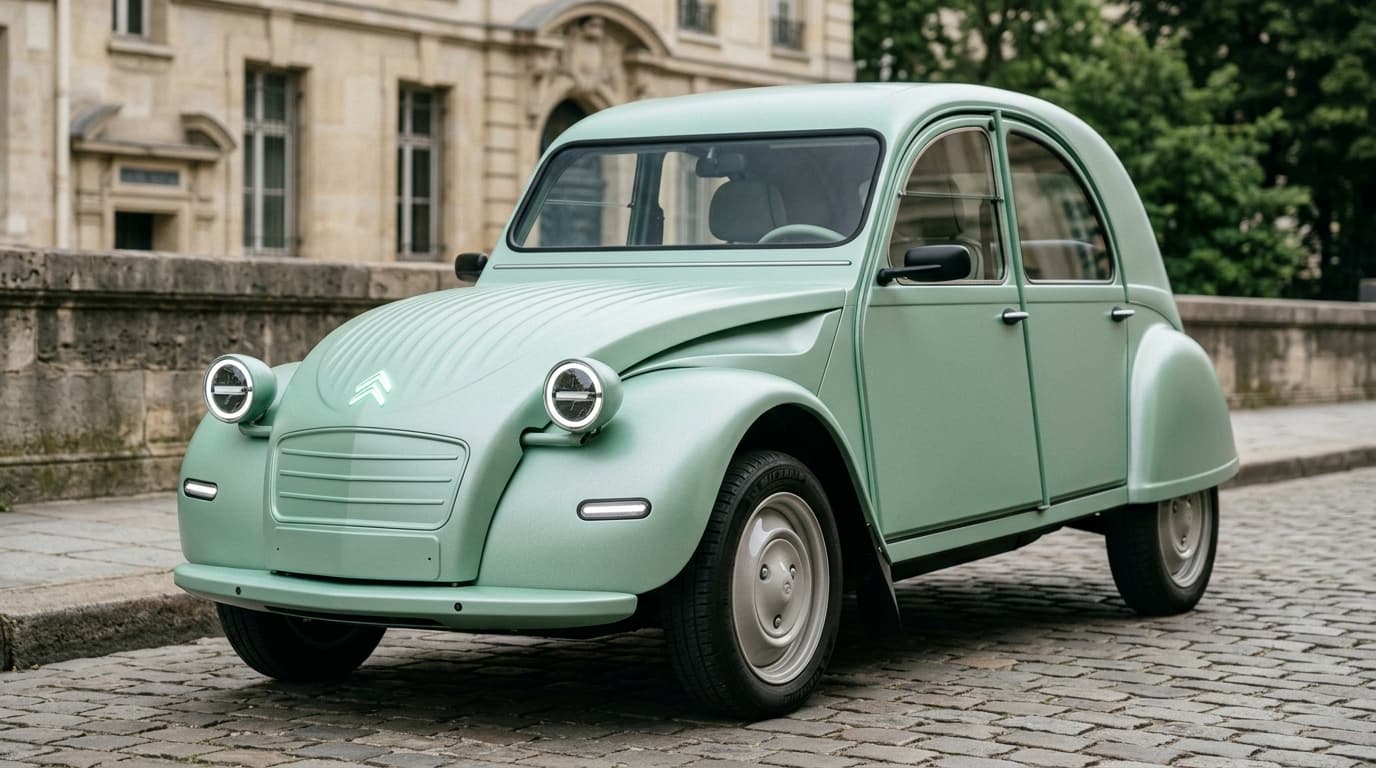 Stilisierte Darstellung eines Citroën 2CV mit modernem Elektroauto-Design, klassische Ente-Silhouette mit zeitgemäßen Elementen