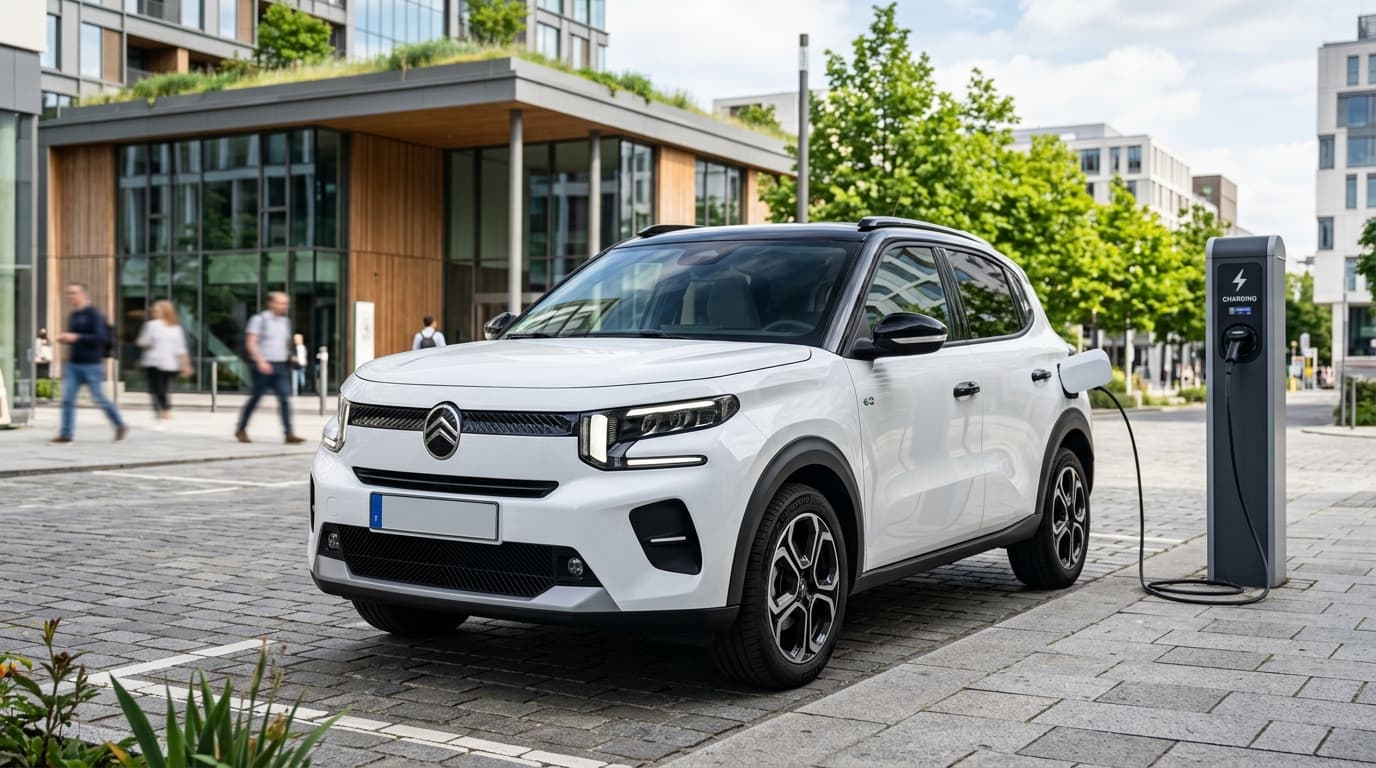 Der Citroën ë-C3, ein kompaktes Elektroauto, steht vor einer Ladestation