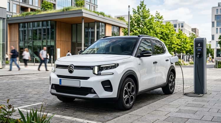 Der Citroën ë-C3, ein kompaktes Elektroauto, steht vor einer Ladestation