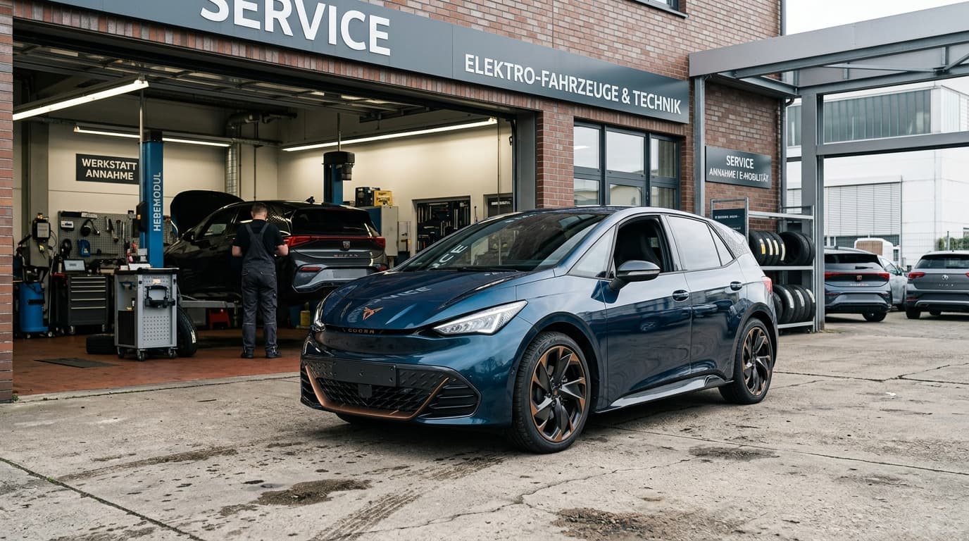 Cupra Born vor einer Werkstatt, Dreiviertel-Vorderansicht