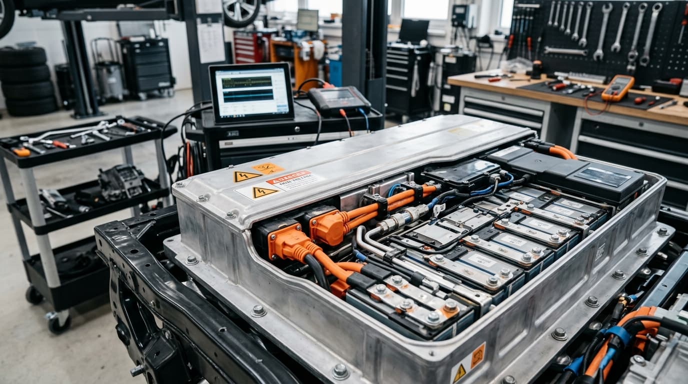 Hochvolt-Batteriemodule während der technischen Überprüfung in der Werkstatt