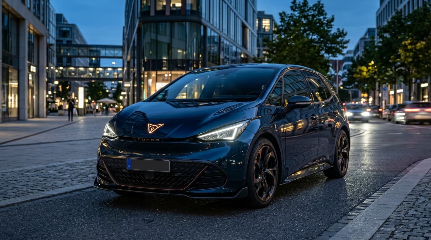 Der CUPRA Born VZ von vorne, mit markanter Sharknose-Frontpartie und dreieckigen Matrix-LED-Scheinwerfern