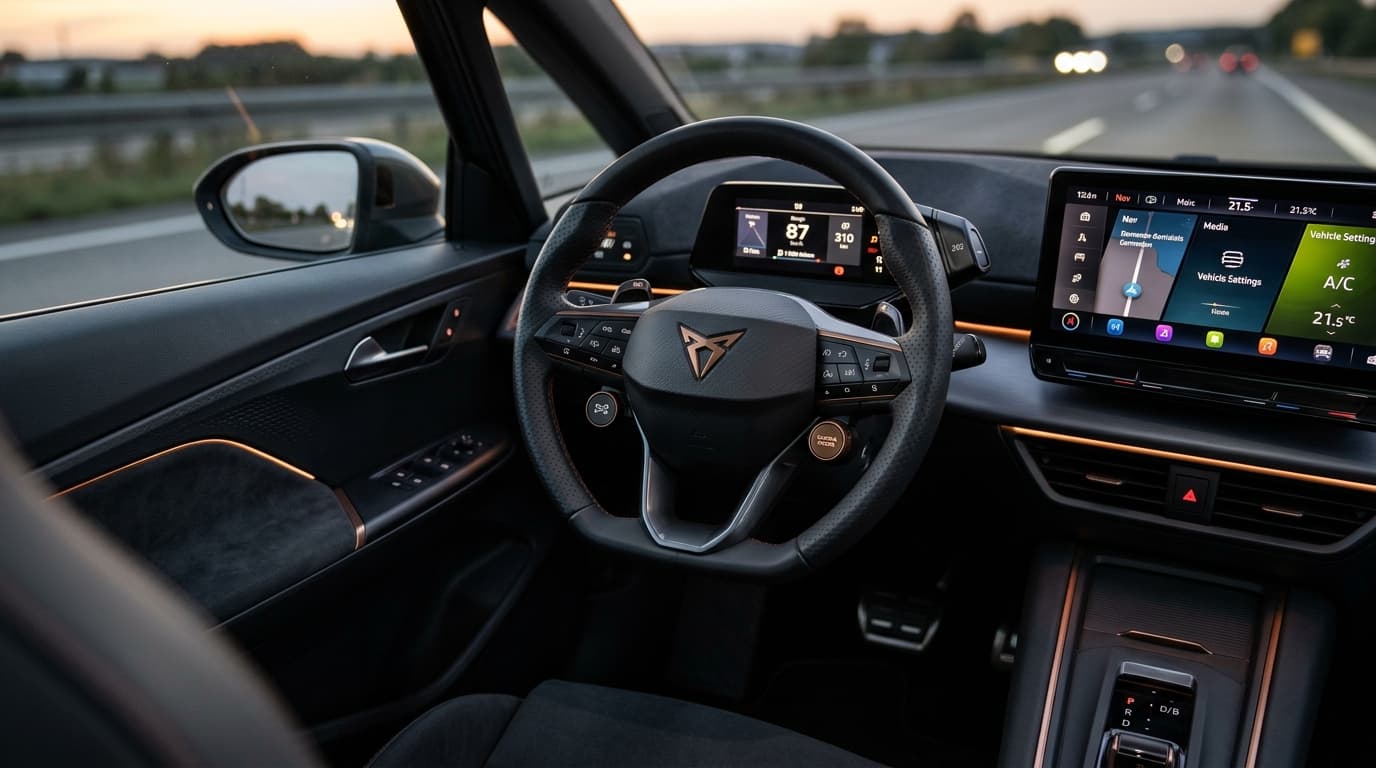 Nahaufnahme des neuen Lenkrads des CUPRA Born VZ mit physischen Bedienelementen
