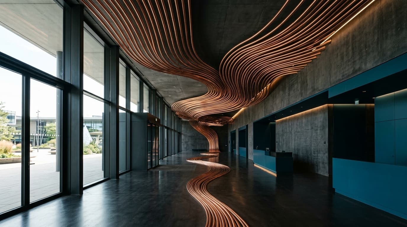 Blick in die neu eröffnete CUPRA Garage mit wellenförmig angeordneten Kupferrohren im Eingangsbereich, moderner Minimalismus in Schwarz und Beton
