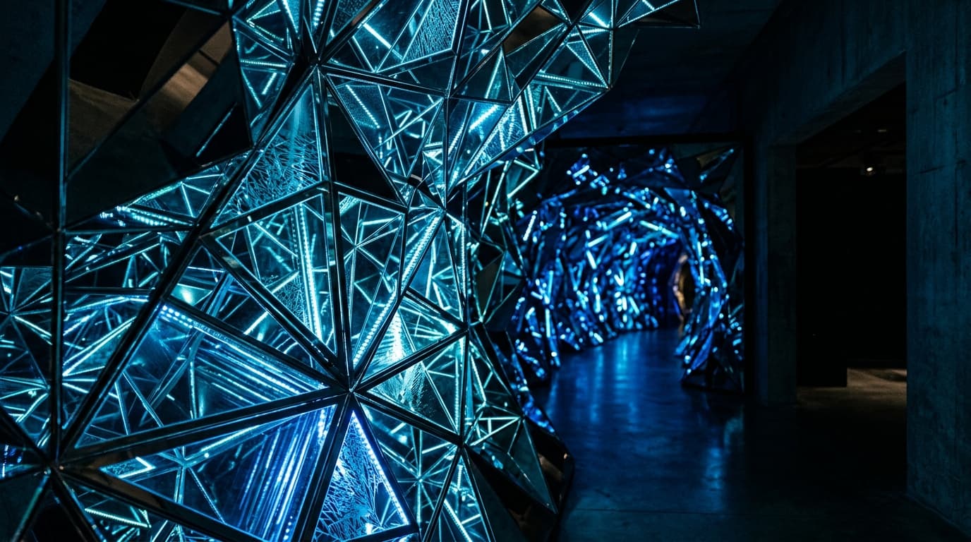 Lichtskulptur Pulse Tunnel mit vibrierenden Spiegeln und geometrischen Lichtmustern in Petrolblau