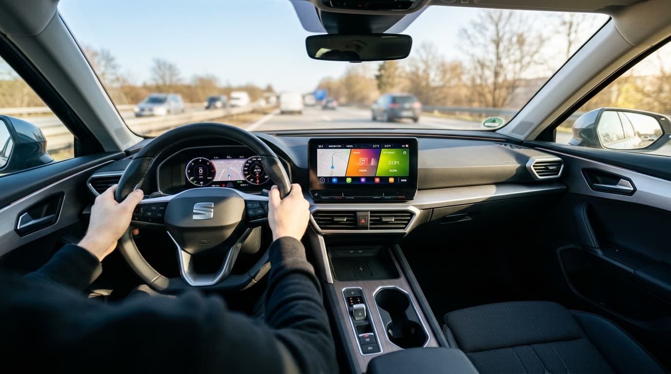 Interieur mit Lenkrad und digitalem Instrumentenbrett eines modernen Kompakt-SUVs, Draufsicht vom Fahrersitz.