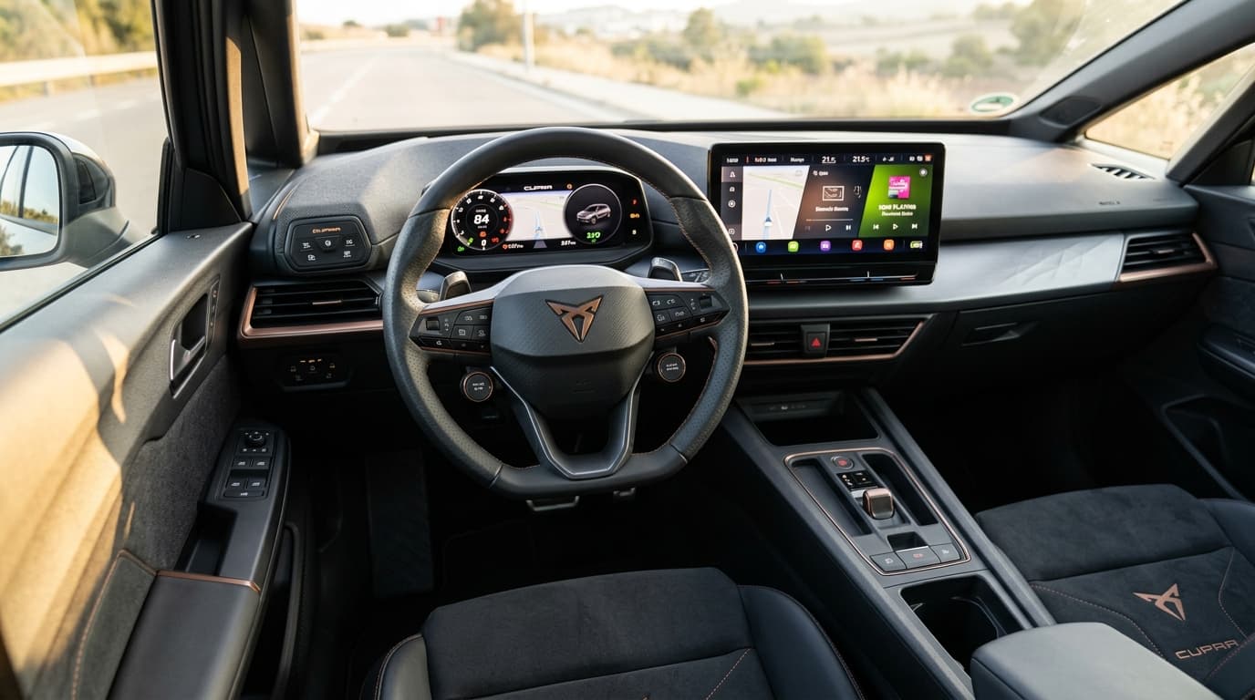 Blick in das Cockpit des Cupra Raval mit Sportlenkrad, digitalem Instrumentencluster und großem Touchscreen