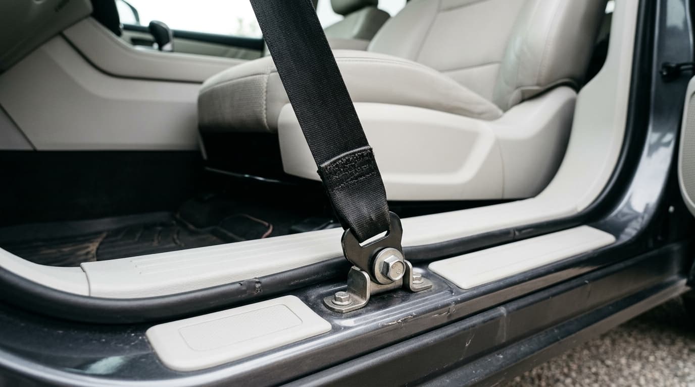Nahaufnahme eines vorderen Sicherheitsgurts mit Fokus auf die untere Verankerung im Fahrzeuginnenraum.