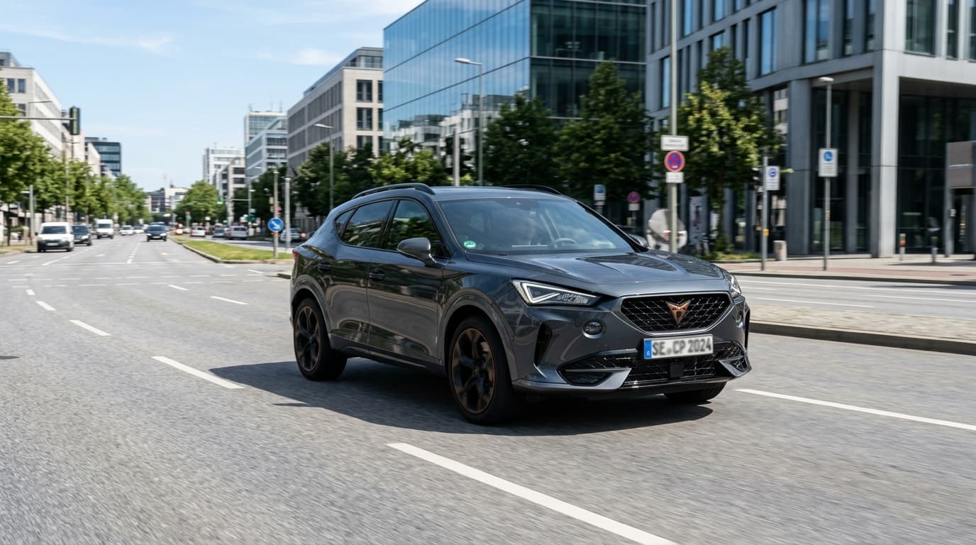 Cupra Terramar, Kompakt-SUV in Dreiviertel-Frontansicht auf urbaner Straße