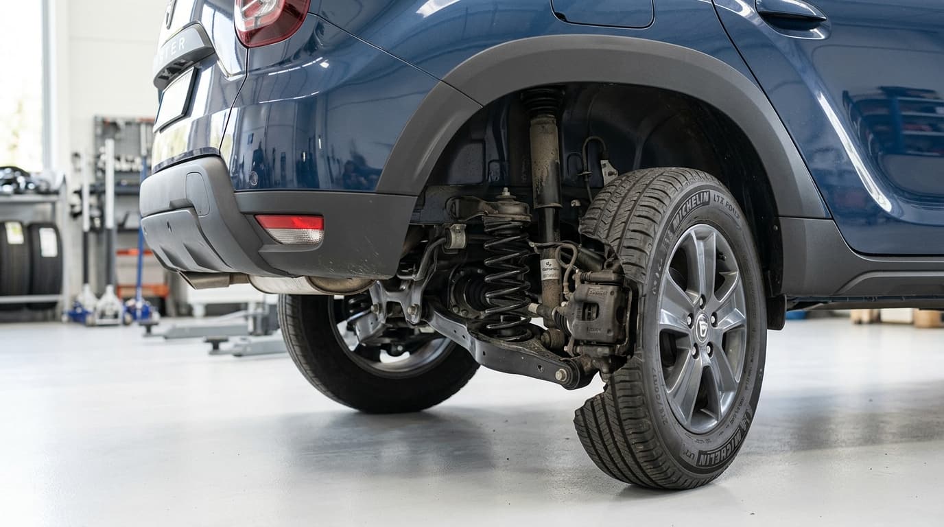 Dacia Duster von hinten rechts, Detailaufnahme der Hinterachse mit Feder und Rad