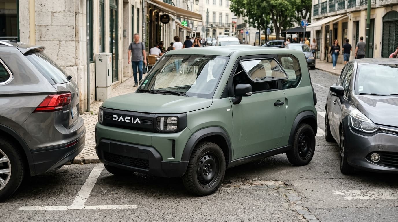 Der Dacia Hipster, ein winziges elektrisches Leichtfahrzeug mit charakteristischen Designmerkeln wie zweigeteilten Seitenscheiben und seitlich angeschlagener Hecktür, in einer Stadtumgebung
