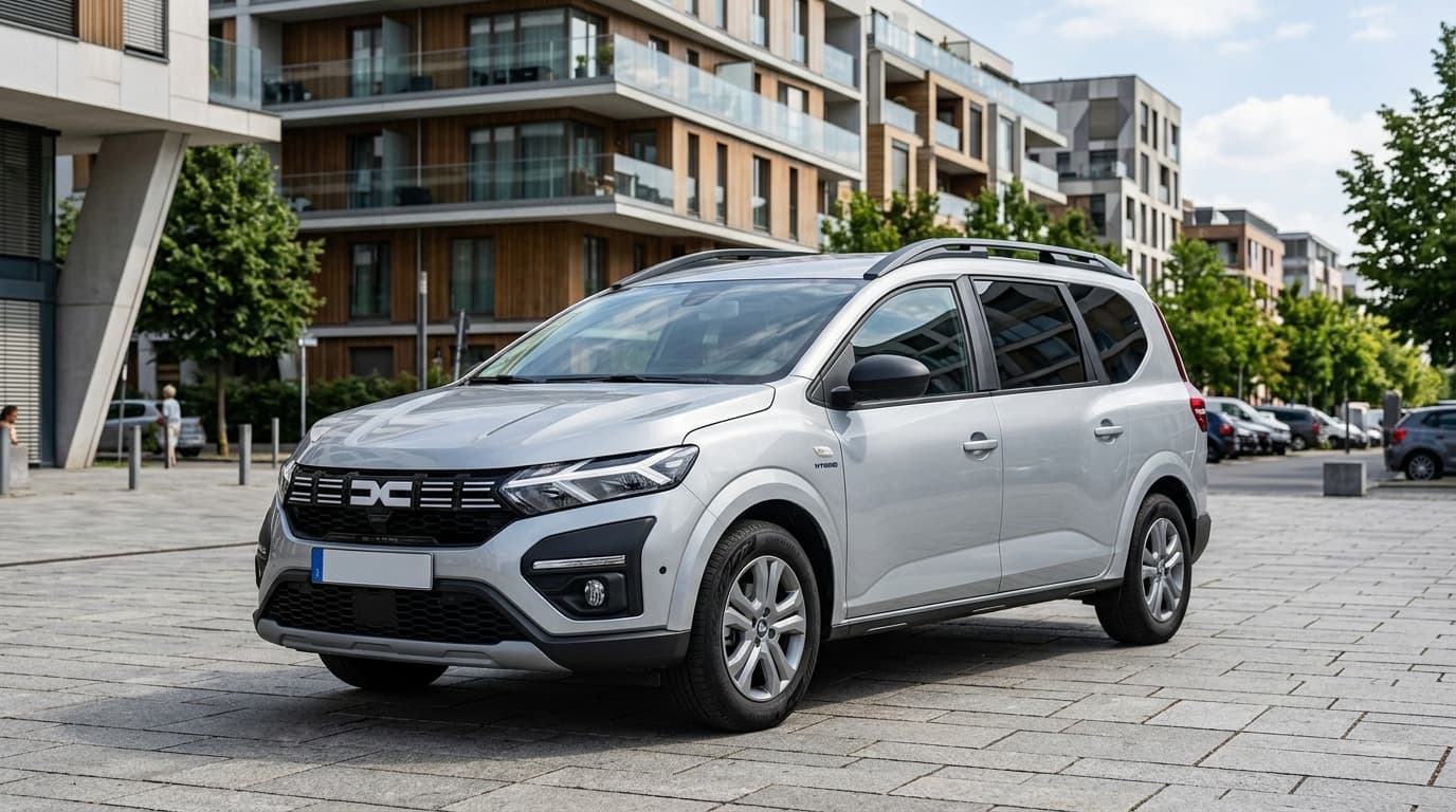 Der Dacia Jogger Hybrid 155 von vorne links, ein kompakter silberner Familien-Van mit modernem Frontdesign und LED-Scheinwerfern
