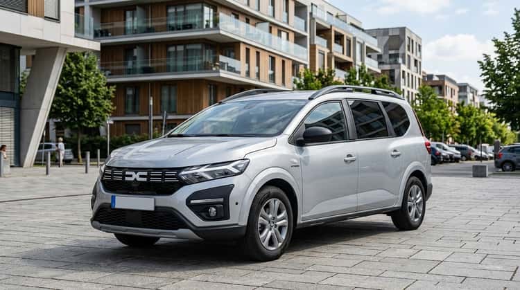 Der Dacia Jogger Hybrid 155 von vorne links, ein kompakter silberner Familien-Van mit modernem Frontdesign und LED-Scheinwerfern