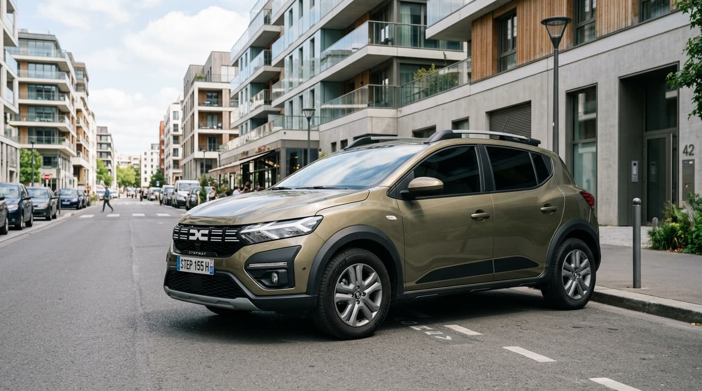 Der Dacia Sandero Stepway Hybrid 155 in Dreiviertel-Ansicht auf einer urbanen Straße