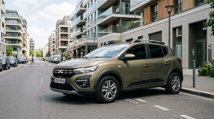 Der Dacia Sandero Stepway Hybrid 155 in Dreiviertel-Ansicht auf einer urbanen Straße