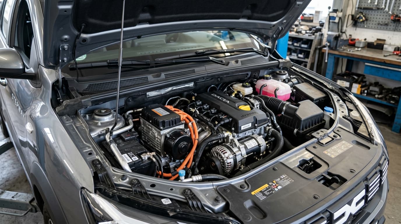 Die offene Motorhaube des Dacia Sandero Stepway zeigt den 1,8-Liter-Benzinmotor mit Hybrid-Elektromotoren