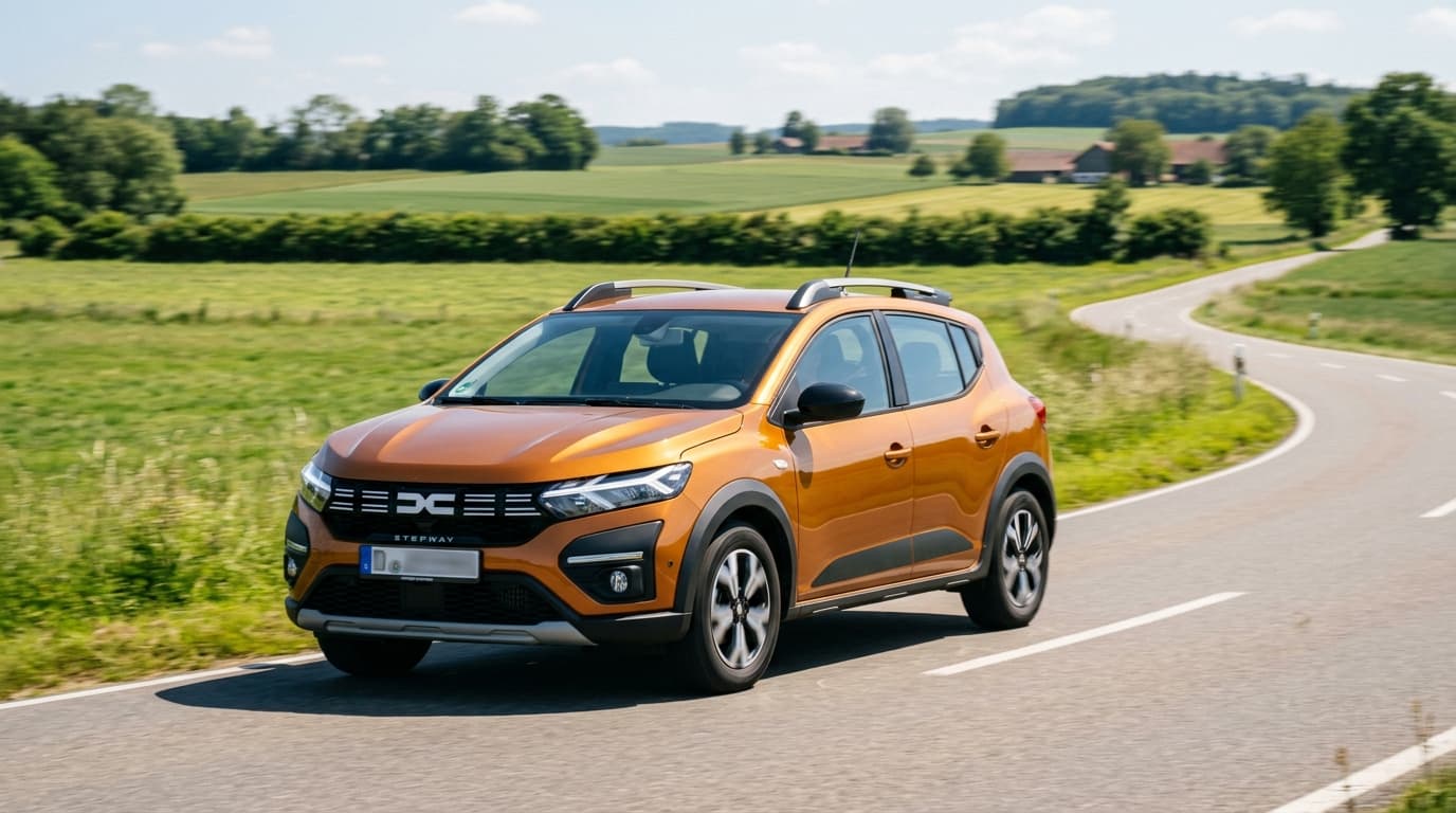 Der neue Dacia Sandero Stepway Hybrid 155 bei der Fahrt auf einer Landstraße mit grünem Hintergrund