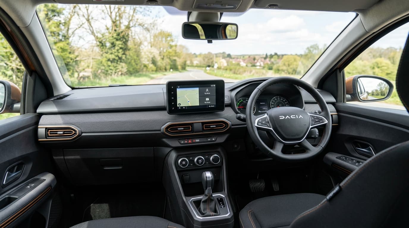 Blick ins Cockpit des Dacia Sandero Stepway Hybrid 155 mit Lenkrad und Armaturenbrett