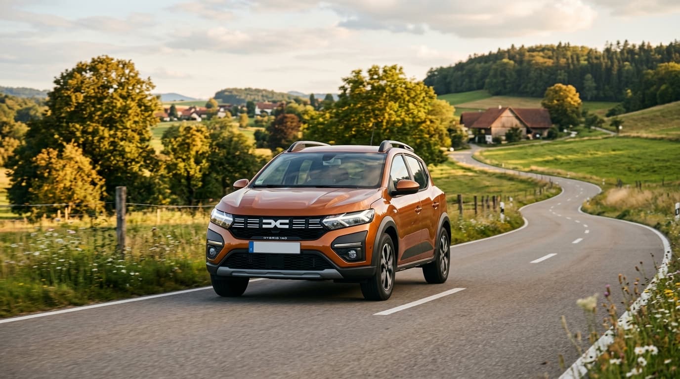 Dacia Sandero Stepway hybrid 155 von vorne auf einer Landstraße