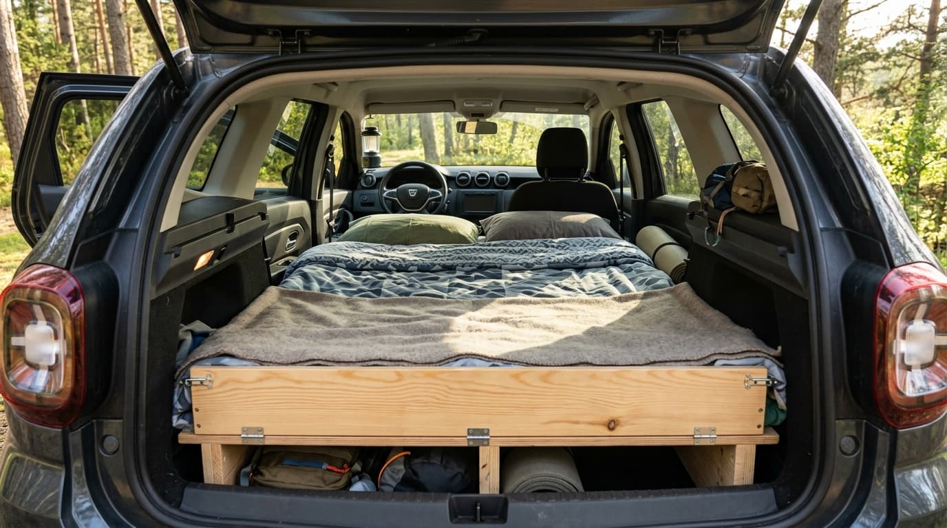 Innenraum eines Dacia SUV mit ausgebautem Doppelbett aus der Holzbox des Sleep Packs, Liegefläche nach vorn über die umgelegten Rücksitze ausgedehnt.