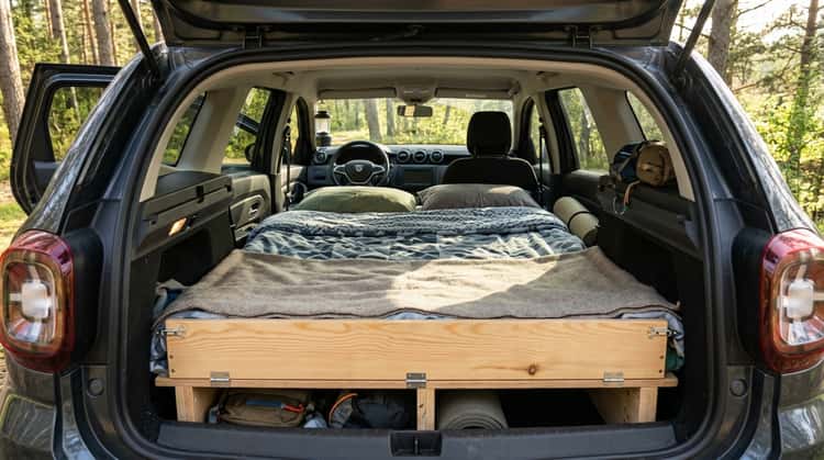 Innenraum eines Dacia SUV mit ausgebautem Doppelbett aus der Holzbox des Sleep Packs, Liegefläche nach vorn über die umgelegten Rücksitze ausgedehnt.