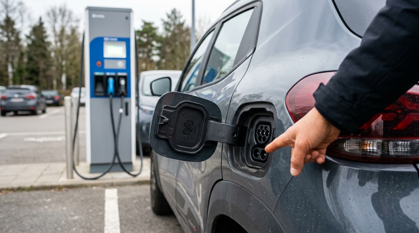 Detailaufnahme des CCS-Schnelllade-Anschlusses am Dacia Spring mit einer Hand, die auf den Anschluss deutet