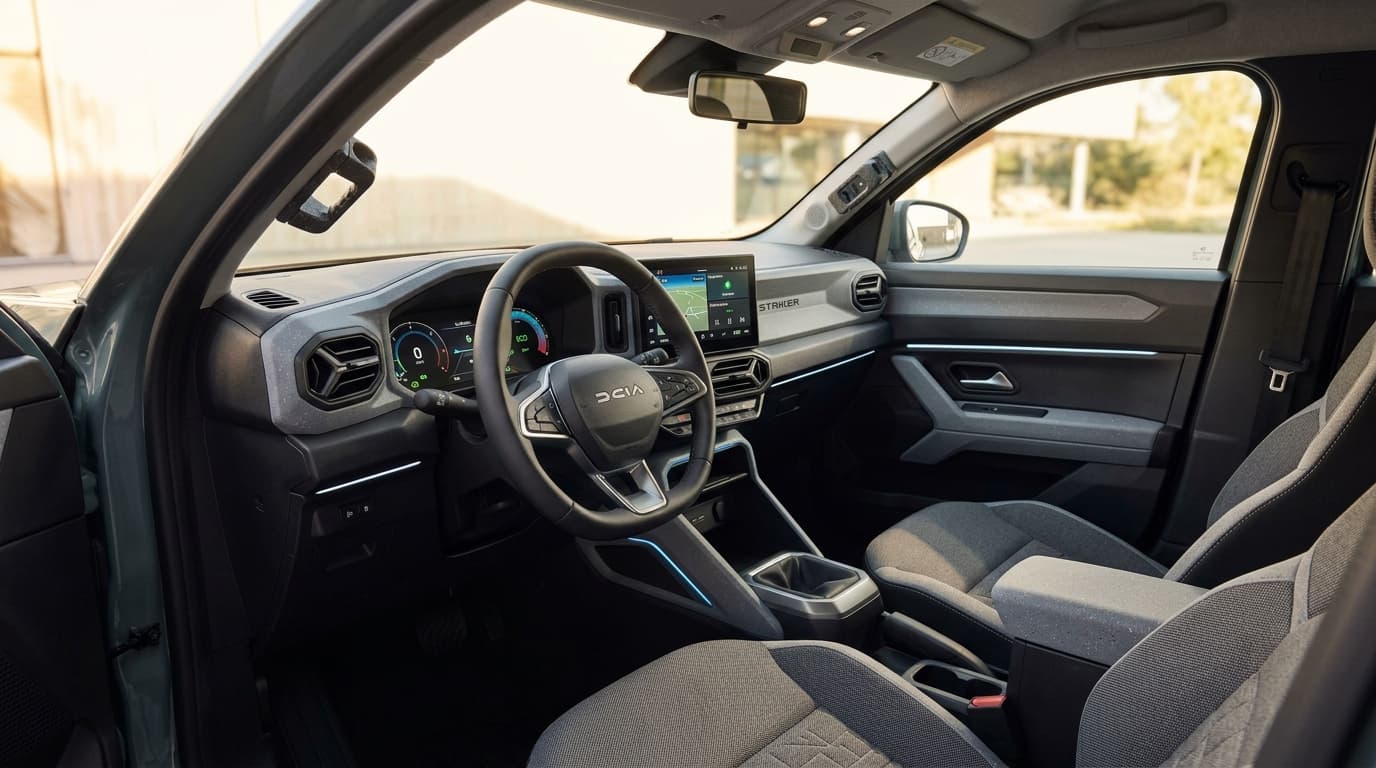 Innenraum des Dacia Striker mit Blick auf das digitale LightVisio Fahrinfodisplay und das YouClip Befestigungssystem