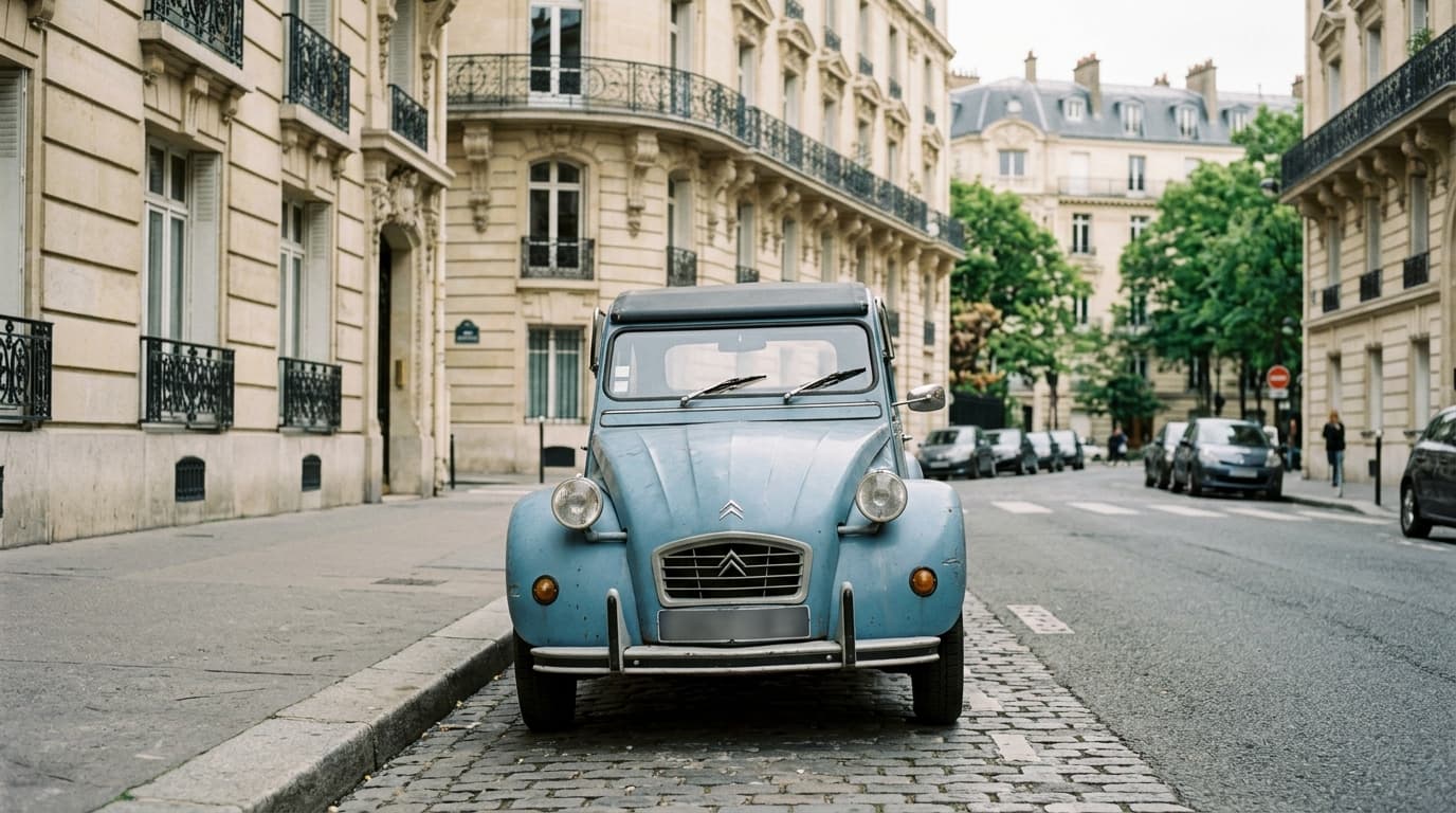 Ein klassischer Citroën 2CV mit charakteristischer Silhouette, runden Scheinwerfern und Wellblechkarosserie, geparkt auf einer Pariser Straße