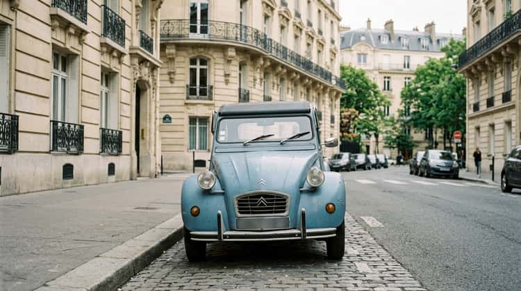 Ein klassischer Citroën 2CV mit charakteristischer Silhouette, runden Scheinwerfern und Wellblechkarosserie, geparkt auf einer Pariser Straße