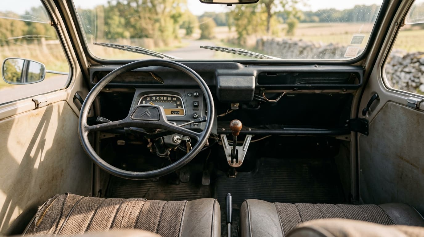 Blick in den schlichten Innenraum eines klassischen Citroën 2CV mit einfachem Lenkrad und minimalistischer Ausstattung