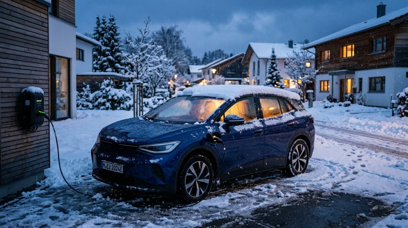 Ein Elektroauto lädt an einer Wallbox in einer verschneiten Winterlandschaft bei Dämmerung
