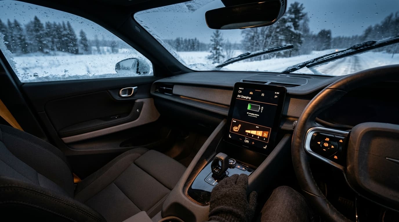 Bedienfeld eines Elektroautos mit eingeschalteter Sitzheizung, dahinter eine schneebedeckte Winterlandschaft