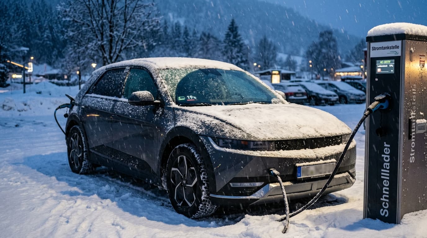 Ein Elektroauto steht im Winter an einer Ladesäule und wird aufgeladen, während Schnee fällt und die Reichweitenanzeige einen reduzierten Wert anzeigt