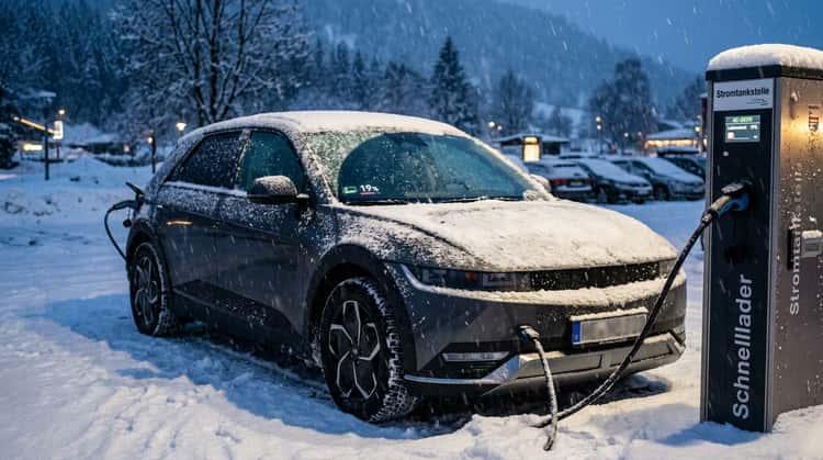 Ein Elektroauto steht im Winter an einer Ladesäule und wird aufgeladen, während Schnee fällt und die Reichweitenanzeige einen reduzierten Wert anzeigt