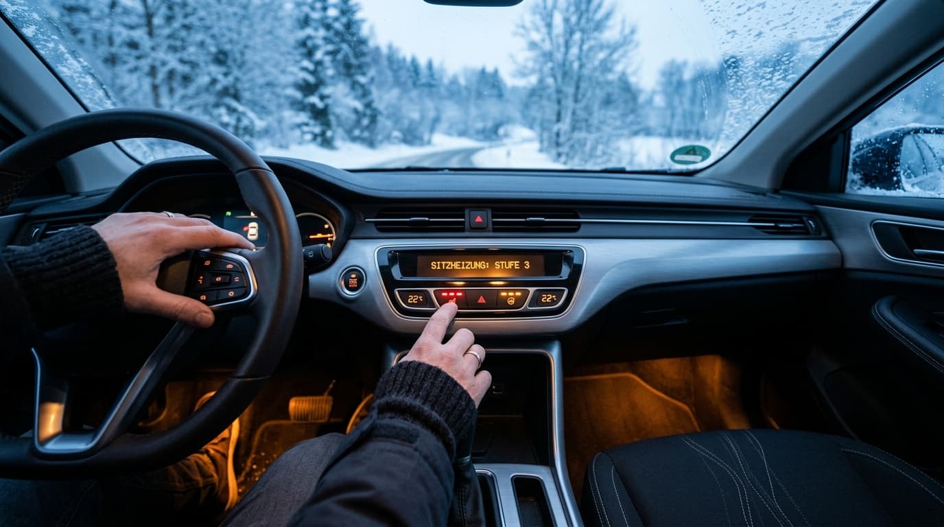 Die Hand eines Fahrers aktiviert im Innenraum eines Elektroautos die Sitzheizung, während draußen eine verschneite Winterlandschaft zu sehen ist