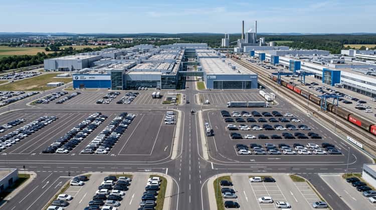 Blick auf ein BMW Werksgelände mit Produktionshallen, Logistikflächen und geparkten Fahrzeugen