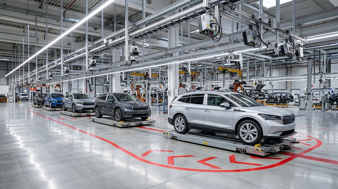 Fertigungshalle mit automatisierten Fahrzeugen auf gekennzeichneten Fahrspuren