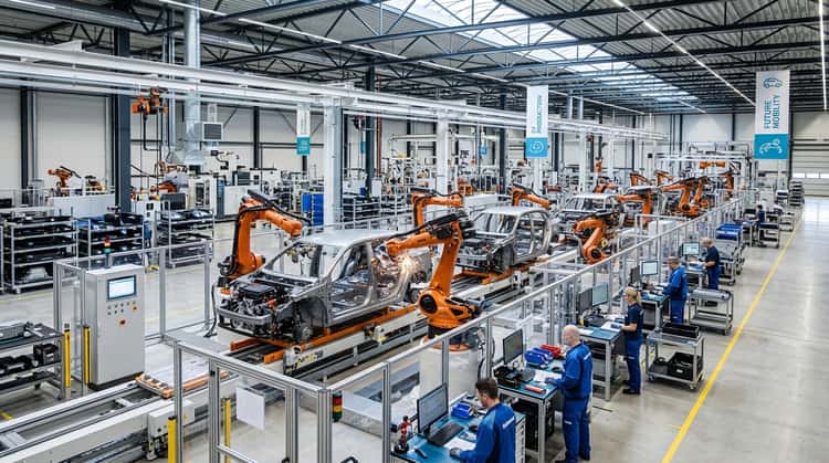 Produktionshalle eines modernen Automobilwerks mit automatisierten Fertigungslinien und Montagestationen