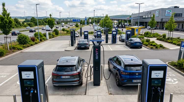 Mehrere moderne Schnellladestationen für Elektrofahrzeuge mit aktiven Displays an einer Autobahnraststätte