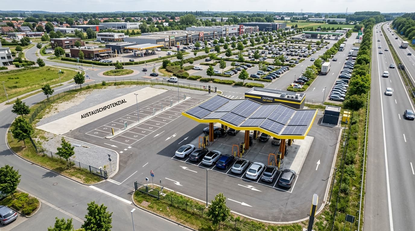 Luftaufnahme eines Fastned-Schnellladestations-Standorts mit mehreren Ladepunkten und Parkfläche