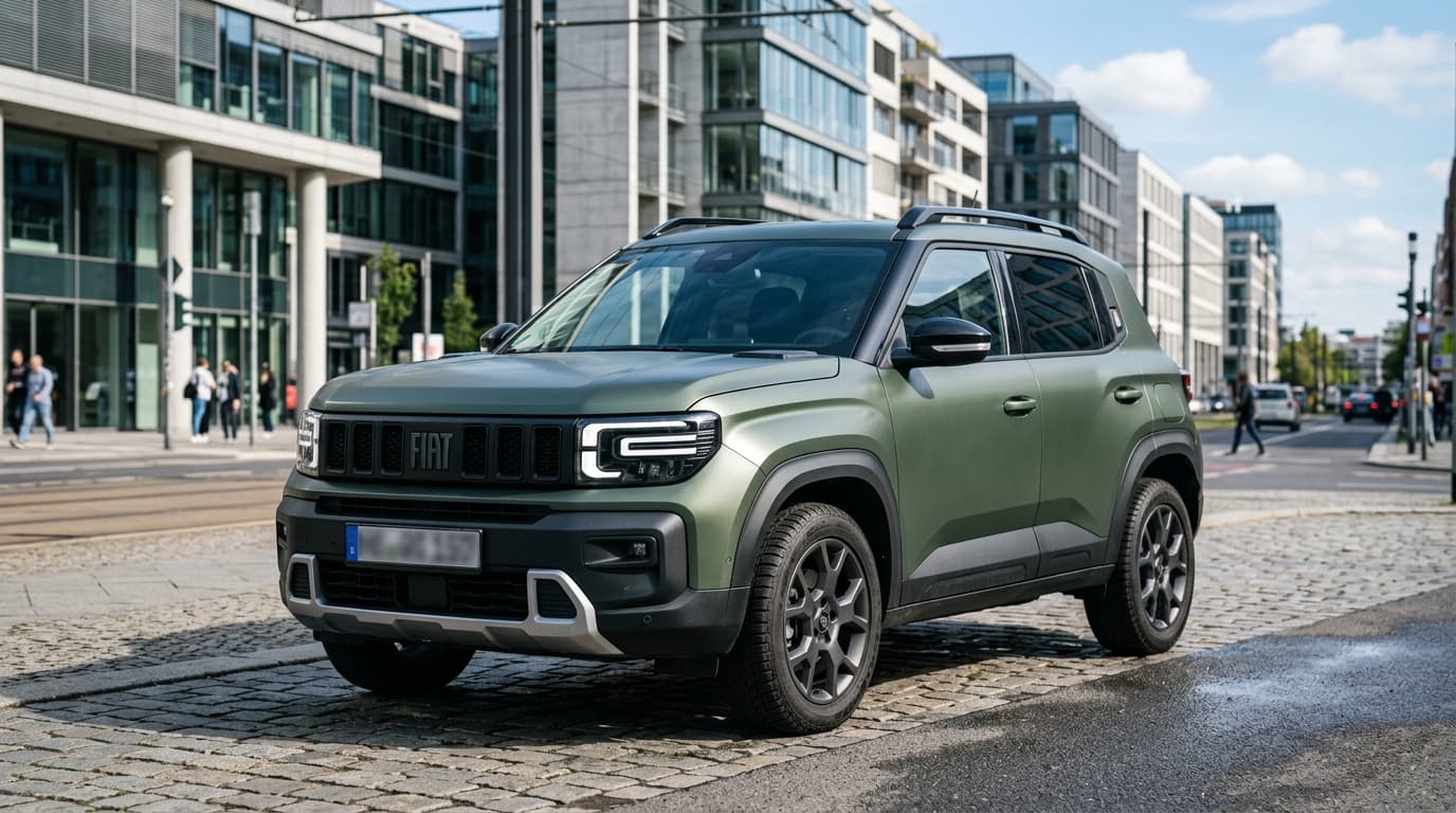 Frontansicht eines Fiat Grizzly, kompaktes SUV mit kantigem Design in urbaner Umgebung
