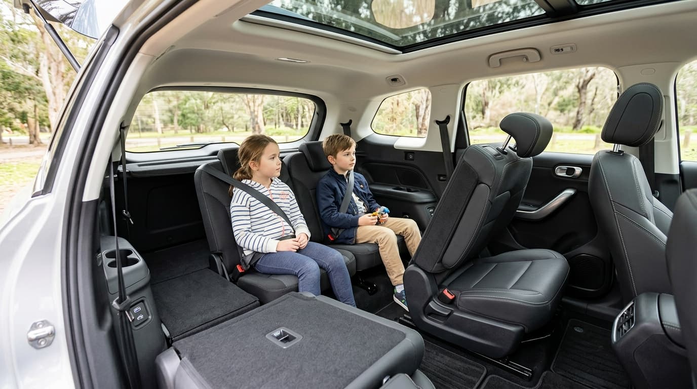 Blick in den Innenraum eines siebensitzigen Kompakt-SUV mit sichtbarer dritter Sitzreihe hinten