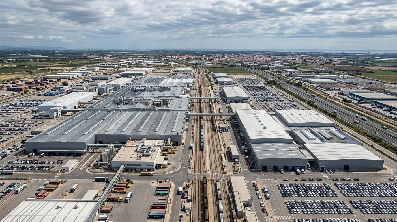 Luftaufnahme des Ford-Werks Valencia mit Fabrikgebäuden und Lagerflächen