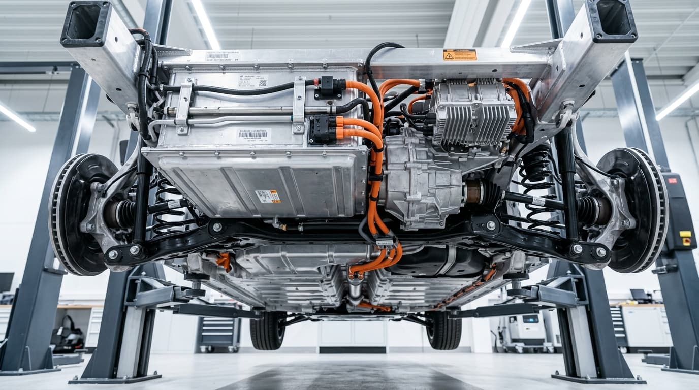 Nahaufnahme einer modernen Elektrofahrzeug-Plattform mit sichtbarem Batteriepaket und Elektroantrieb