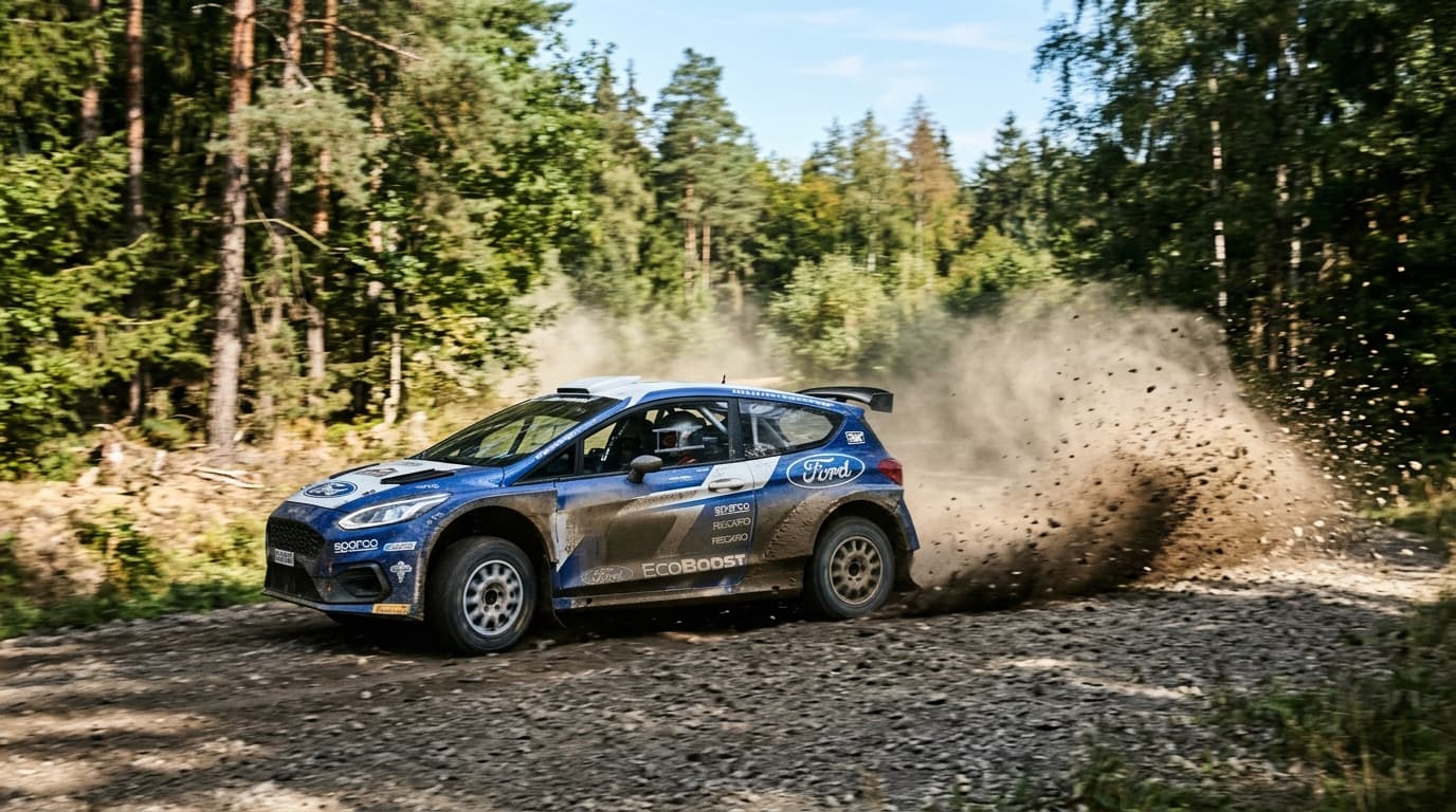 Ein Ford-Rallyefahrzeug fährt auf einer Schotterstrecke durch einen Wald, Steine wirbeln auf, die Szene wirkt dynamisch und kraftvoll.